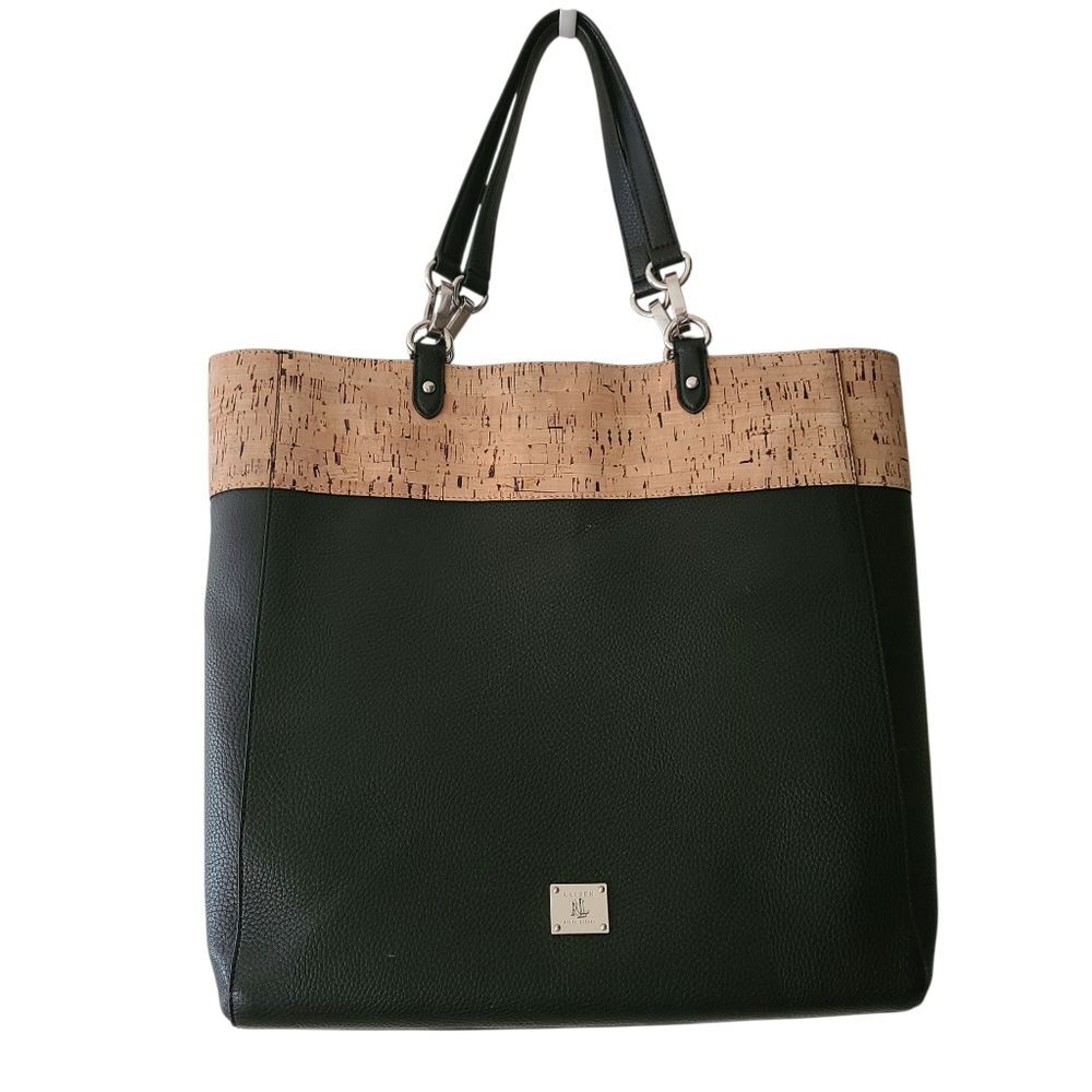 ralph lauren cork and black faux leather tote with magnetic closure